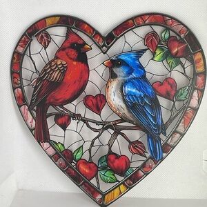 Suncatcher Acrylic Heart Shaped Blue & Red Bird Love Faux Stained Glass Decor